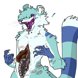 anthro disembowelment ear_piercing fangs gore guts gutspill happy_gore intestines male nude_anthro organs piercing scar self-harm_scars simple_background solo teeth toony white_background gorebunny lemur mammal primate strepsirrhine 1:1 selectively_detailed