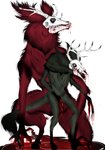 anthro blood blood_on_face blood_on_hand blood_pool bodily_fluids bone claws dark_body dark_skin duo ears_up fur horn looking_at_another madness male mask red_body red_skin simple_background skull skull_head skull_mask white_background isterika demon demon_humanoid humanoid