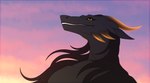 ambiguous_gender anthro black_body cloud cloudy_sky hair horn long_hair markings scale_markings scales sky solo sunset teeth_showing yellow_eyes yellow_horn zegzagun mythology dragon mythological_creature mythological_scalie scalie hi_res portrait