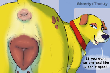 anatomically_correct anatomically_correct_genitalia anatomically_correct_vulva animal_genitalia animal_vulva anus butt canine_genitalia canine_vulva collar dialogue female feral genitals looking_at_viewer looking_back nipples presenting solo text vulva ghostyxtoasty martha_speaks martha_lorraine canid canine canis domestic_dog mammal mixed mixed_breed 3:2 absurd_res english_text hi_res