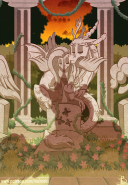 ambiguous_gender antlers claws duo duo_focus eyebrows eyes_closed feral grave group hair heart_symbol horn hug outside plant shrub sky snaggle_tooth sunset teeth tombstone tree wings inuhoshi-to-darkpen friendship_is_magic hasbro my_little_pony mythology discord_(mlp) fluttershy_(mlp) chimera draconequus equid equine mammal mythological_creature mythological_equine pegasus 2020 digital_media_(artwork) hi_res