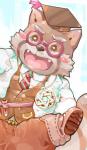 anthro blush bottomwear clothing cute_fangs eyewear fangs glasses hat headgear headwear humanoid_hands male necktie pants shirt slightly_chubby solo teeth topwear pikaqoo lifewonders tokyo_afterschool_summoners fire_alchemist ailurid mammal red_panda 2019 absurd_res hi_res