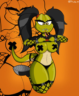 alternative_fashion anthro big_breasts black_hair breasts brown_eyes clothed clothing clothing_lift covered_nipples female fishnet_clothing forked_tongue hair navel nipple_tape non-mammal_breasts non-mammal_navel panties pasties ponytail punk scales sharp_teeth shirt shirt_lift solo suzie_(undakuva) tape teeth thick_thighs tongue topwear twintails_(hairstyle) underwear ventral_scales wide_hips pharts04 reptile scalie snake hi_res