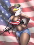 5_fingers accessory american_flag american_flag_bikini anthro ar-15 assault_rifle beak bedroom_eyes big_breasts bikini biped black_eyebrows blue_eyes bottomwear bra breasts brown_body brown_feathers cleavage clothed clothing curvy_figure eyebrows eyelashes feathers female fingers flag flag_background flag_bikini flag_clothing flag_print flag_swimwear front_view fully_clothed gesture gun hat headgear headwear holidays huge_breasts humanoid_hands looking_at_viewer m4 midriff multicolored_body multicolored_feathers narrowed_eyes navel non-mammal_breasts panties patrol_cap pin_accessory pin_button pose print_bikini print_clothing print_hat print_headgear print_headwear print_swimwear raised_eyebrow ranged_weapon rifle salute seductive shorts simple_background skimpy skull_and_crossbones slim slim_anthro slim_female smile smiling_at_viewer smirk solo standing stoner_rifle swimwear text text_on_clothing text_on_hat text_on_headwear text_print thick_thighs thong thong_straps two-piece_swimsuit underwear united_states_of_america voluptuous weapon white_body white_feathers wide_hips yellow_beak tacticalfur 4th_of_july rosie_(breegulleagle) accipitrid accipitriform avian bald_eagle bird eagle sea_eagle 2016 absurd_res digital_media_(artwork) english_text hi_res pinup portrait shaded signature three-quarter_portrait