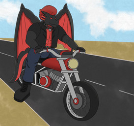 alternative_fashion anthro black_clothing black_jacket black_topwear blue_bottomwear blue_clothing blue_pants bottomwear chain_necklace claws clothing desert dorsal_fin dorsal_frill ear_fins fin fingerless_gloves frill_(anatomy) gloves greaser grey_body handwear horn jacket jewelry leather leather_clothing leather_jacket leather_topwear lock male motorcycle multicolored_body necklace padlock padlock_necklace pants pompadour red_body red_eyes red_motorcycle solo spines topwear vehicle wings th3yr mythology negadrake dragon mythological_creature mythological_scalie scalie 2025 hi_res
