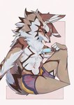 anthro black_sclera blush bottomwear brown_body brown_fur clothing fur green_eyes looking_at_viewer male pants sitting solo striped_body striped_fur stripes tail white_body ka_ramono lifewonders tokyo_afterschool_summoners seth_(tas) canid canine canis jackal mammal 2025 hi_res