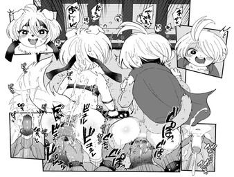 accessory ahoge all_fours anal anal_penetration animal_genitalia animal_penis anthro anus blush bodily_fluids butt canine_genitalia canine_penis cape cape_only clothing cum cum_on_back cumshot duo_focus ejaculation emanata floppy_ears focus_lines genital_fluids genitals group hair headband heart_symbol intersex intersex/male male male/male maleherm maleherm/male mostly_nude muscular muscular_male narrowed_eyebrows navel open_mouth penetration penile penile_penetration penile_spines penis penis_in_ass penis_in_vagina penis_on_butt puffy_anus reddened_butt sex shota sweat tail tail_aside tail_motion tailwag text tongue tongue_out vaginal vaginal_penetration young saigordon ambiguous_species canid canine canis domestic_dog haplorhine mammal monkey primate greyscale japanese_text monochrome