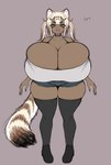big_breasts blue_eyes bottomwear breasts cleavage clothed clothing dark_body dark_skin fangs female hair huge_breasts hyper hyper_breasts looking_at_viewer markings multicolored_hair open_mouth open_smile short_stack shorts simple_background smile smiling_at_viewer solo striped_markings striped_tail stripes tail tail_markings teeth text thick_thighs topwear cakecatboy lyra_(cakecatboy) animal_humanoid felid felid_humanoid humanoid mammal mammal_humanoid pantherine pantherine_humanoid tiger_humanoid hi_res model_sheet