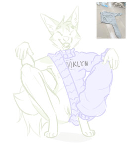 andromorph anthro arms_on_knees bottomless clothed clothing crouching eyes_closed fur genitals halftone_shading intersex nipples no_underwear partially_clothed photo pussy_peek shadow smile solo vulva white_body white_fur sillydraco brooklyn_sweater meme_clothing byte_fantail_(character) canid canine canis domestic_dog husky mammal nordic_sled_dog spitz absurd_res halftone hi_res meme sketch