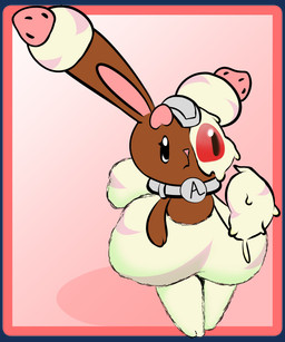 ambiguous_gender anthro border brown_body brown_fur cotton_tail cybernetics eyebrows food fruit fur gradient_background long_ears machine pink_background pink_body pink_border pink_eyebrows pink_fur pink_inner_ear plant pokemorph shadow simple_background solo standing strawberry white_background white_body white_fur rakugaki_(artist) nintendo pokemon merengue_(rakugaki) alcremie buneary cyborg food_creature generation_4_pokemon generation_8_pokemon hybrid pokemon_(species) strawberry_sweet_alcremie vanilla_cream_alcremie