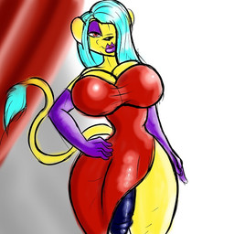 anthro big_breasts big_penis breasts cleavage clothed clothing cosplay dress evening_gown genitals glistening gloves gynomorph half-erect handwear intersex lipstick makeup penis solo stage makarimorph disney who_framed_roger_rabbit jessica_rabbit misskari mistresskari felid lion mammal pantherine 1:1 digital_media_(artwork)