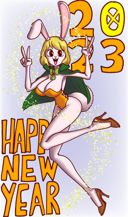anthro big_breasts big_tail blonde_hair breasts brown_clothing brown_footwear brown_high_heels cape cleavage clothed clothing cotton_tail eyelashes female footwear front_view fur gesture green_cape green_clothing grey_background hair hand_gesture high_heels leotard looking_at_viewer one_ear_up open_mouth open_smile orange_clothing orange_leotard pink_nose red_eyes shoes short_hair simple_background smile solo tail text thick_thighs v_sign white_body white_fur wide_hips mexicanjoe one_piece carrot_(one_piece) lagomorph leporid mammal minkmen_(one_piece) rabbit absurd_res hi_res