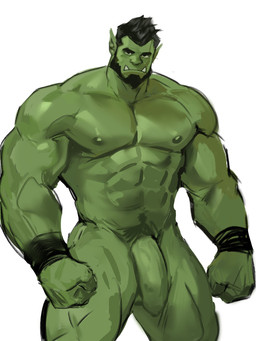 abs beard biceps black_hair facial_hair fangs genitals green_body green_skin hair humanoid_pointy_ears male muscular muscular_humanoid muscular_male nipples pecs penis pointy_ears simple_background solo teeth dopq humanoid orc 3:4 hi_res