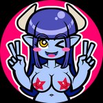 blue_body blue_hair blue_skin blush blush_stickers female gesture hair hand_gesture horn long_hair looking_at_viewer mostly_nude one_eye_closed pasties solo v_sign wink winking_at_viewer arcnod anne_(arcnod) demon demon_humanoid humanoid 1:1 alpha_channel