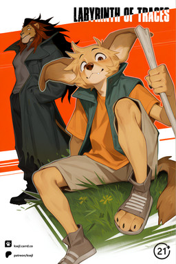 age_restriction anthro black_bottomwear black_clothing black_footwear black_pants black_shoes bottomwear brown_eyes clothing coat cute_fangs duo facial_markings facial_tuft fangs floppy_ears footwear fur grass grey_clothing grey_shirt grey_topwear hair head_markings male markings muzzle_(marking) orange_clothing orange_shirt orange_topwear pants plant red_hair shirt shoes shorts stick tail tan_body tan_fur teeth toeless_footwear topwear trenchcoat tuft vest yellow_body yellow_fur ksejl carrd.co patreon canid canine felid fennec_fox fox lion mammal pantherine true_fox 2:3 absurd_res comic cover cover_art cover_page hi_res