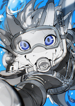 2_horns air_bubble air_tank anthro black_jumpsuit blue_background blue_eyes chest_strap clothed clothed_anthro clothed_male clothing diving_mask flesh_fang head_horn horn light_body light_hair male mask mouth_closed pupils ringed_iris scuba_diver silhouette simple_background smile smiling_at_viewer solo underwater water white_sclera chiayeeee ambient_fish ambient_sealife scalie unknown_species 2025 digital_drawing_(artwork) digital_media_(artwork) hi_res signature