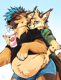 anthro belly belly_overhang belly_rolls belly_tuft beverage big_belly biped blep blush bottomwear cheek_tuft claws clothed clothing drinking duo eating eating_food eyebrows eyelashes facial_tuft fangs fat_rolls feederism feeding fingers food fries fruit fur hair heart_eyes heart_symbol holding_object inner_ear_fluff interspecies love_handles male male/male markings milkshake moobs navel neck_tuft obese obese_anthro obese_male open_mouth overweight overweight_anthro overweight_male paws plant plantigrade shirt simple_background smile squeezing_belly standing strawberry tail teeth thick_thighs tight_clothing tongue tongue_out topwear tuft wide_hips kitakettu_(artist) kaykay_(kaylube) xavu_(kitakettu) canid canine canis domestic_dog felid feline german_shepherd herding_dog mammal pastoral_dog serval colored digital_drawing_(artwork) digital_media_(artwork) hi_res shaded