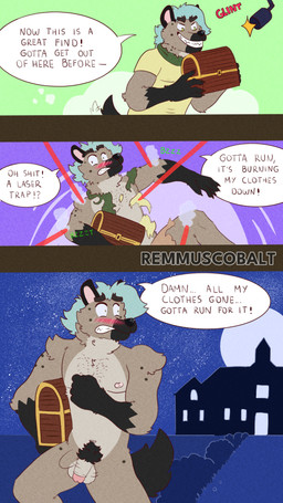 anthro body_hair circumcised dialogue embarrassed embarrassed_naked_male exhibitionism exposed genitals happy_trail humiliation male nude outside penis public solo text thief treasure remmus_cobalt canid hyena mammal 4k 9:16 absurd_res comic english_text hi_res