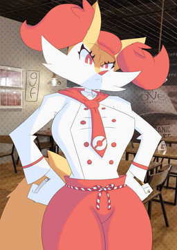 accessory annoyed anthro big_breasts bottomwear breasts clothed clothing collared_shirt dress_shirt dual_holding female frown fully_clothed fur furniture hat headgear headwear high_waisted_bottomwear holding_note_pad holding_object holding_pen holding_writing_utensil inner_ear_fluff kerchief looking_at_viewer neckerchief neckwear notebook pants pen photo_background pokeball pokeball_clothing pokeball_kerchief pokeball_neckerchief pokeball_neckwear pokeball_symbol red_body red_bottomwear red_clothing red_eyes red_fur red_pants scowl shirt small_waist solo topwear tuft white_clothing white_shirt white_topwear writing_utensil yellow_body yellow_fur gamesfan nintendo pokemon pokemon_cafe_remix braixen canid canine generation_6_pokemon mammal pokemon_(species) 2021 absurd_res digital_media_(artwork) hi_res mixed_media photography_(artwork) signature