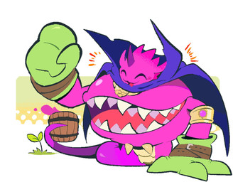 anthro barrel belly belly_mouth cape clothing gloves handwear male overweight pink_body pupils sharp_teeth slit_pupils smile solo teeth ache13337003 bandai_namco digimon digimon_story:_time_stranger bacchusmon digimon_(species) hi_res