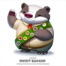 anthro black_body black_fur boy_scout claws clothed clothing eyes_closed fully_clothed fur humor kerchief male merit_badge neckerchief neckwear pawpads pun sash simple_background smile solo visual_pun white_background white_body white_fur piper_thibodeau badger european_badger mammal meles mustelid musteline 2019 digital_media_(artwork) digital_painting_(artwork) painting_(artwork)