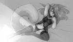 anthro bell bulge clothed clothing collar crossdressing femboy grey_background hair legwear long_hair lying male on_back panties simple_background smile solo stockings teeth underwear zamzi accelo_(character) felid mammal pantherine snow_leopard 2017 black_and_white digital_media_(artwork) hi_res monochrome shaded