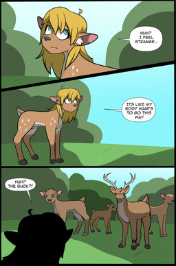 antlers black_border black_eyes black_nose blonde_hair blue_eyes border clock countershade_fur countershade_neck countershade_tail countershade_torso countershading dialogue earrings_only female female_feral feral fur group hair hooves horn looking_at_another looking_up male male_feral markings nervous nude nude_female outside plant quadruped shrub silhouette solo_focus speech_bubble standing tail tan_body tan_fur teats text watch white_body white_countershading white_markings frankenjade deer mammal 2021 absurd_res colored comic english_text hi_res shaded