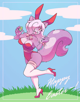 5_fingers anthro breasts clothing cloud easter_egg egg fake_ears fake_rabbit_ears female fingers footwear fur hair high_heels holding_egg holding_object holidays legwear leotard on_one_leg pink_body pink_eyes pink_fur pink_hair red_clothing red_footwear red_high_heels red_leotard shoes smile solo standing stockings tail white_clothing white_legwear white_stockings articaartes easter mammal digital_media_(artwork) hi_res