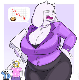 anthro beard big_breasts bone bottomwear breasts businesswear chart chest_tuft cleavage clothed clothing curvy_figure eye_bags facial_hair female female_focus fist_on_hip floppy_ears fur gem gesture group jewelry lop_ears male mature_female necklace overweight overweight_female pearl_(gem) pearl_necklace pencil_skirt salute skeleton skirt slightly_chubby solo_focus trio tuft voluptuous white_body white_fur sketchfins undertale undertale_(series) asgore_dreemurr sans_(undertale) toriel animated_skeleton boss_monster_(undertale) bovid caprine goat humanoid mammal undead digital_media_(artwork) hi_res pictographics