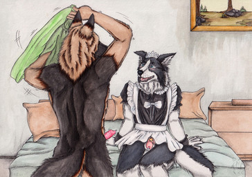 animal_genitalia animal_penis anthro bed black_body black_clothing black_fur black_nose blue_eyes canine_genitalia canine_penis chastity_cage chastity_device clothed clothing crossdressing duo erection fangs front_view fur furniture genitals inside lock maid_uniform male male/male on_bed open_mouth orange_body orange_fur padlock penis pink_chastity_cage rear_view red_penis sitting standing teeth undressing uniform wearing_chastity_cage wearing_chastity_device white_body white_clothing white_fur kola_(artist) canid canine mammal