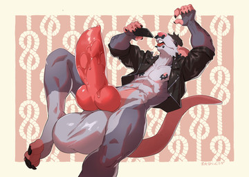 anthro balls big_balls big_penis bodily_fluids claws clothing electronics facial_piercing finger_claws genital_fluids genitals holding_object holding_phone huge_balls huge_penis hyper hyper_balls hyper_genitalia hyper_penis jacket knot knotted_penis leather leather_clothing leather_jacket leather_topwear male multi_nipple nipple_piercing nipple_ring nipples nose_piercing nose_ring pecs penis phone piercing precum ring_piercing solo toe_claws topwear redic-nomad elijah_(peable) mammal murid murine rat rodent 2025 character_request hi_res