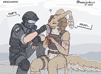 armor bandage bandaged_arm bandaged_leg blood blush bodily_fluids bulletproof_vest clothed clothed_human clothed_male clothing dialogue duo eyes_closed fingerless_gloves fully_clothed fully_clothed_human fully_clothed_male fully_colored gas_mask gloves handkerchief handwear headgear helmet kerchief male mask mostly_nude_anthro mostly_nude_male question_mark sitting speech_bubble text wiping_mouth warjenkins casualties:_unknown dune_(gunsawian) gunsawian human humanoid mammal 2026 artist_name digital_media_(artwork) english_text signature
