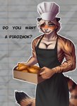anthro apron athletic athletic_anthro athletic_male bedroom_eyes bite biting_lip biting_own_lip blush box bread chef_hat clothing container dialogue fingers food fur hair half-closed_eyes hat headgear headwear holding_box holding_container holding_object male narrowed_eyes seductive self_bite simple_background smile solo standing stripes tail talking_to_viewer text heavenlyheart felid mammal pantherine tiger digital_media_(artwork) english_text hi_res