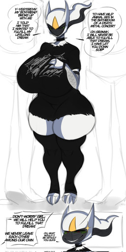 anthro big_breasts biped breasts clothed clothing collar dialogue female huge_breasts huge_hips pokemorph pupils red_eyes sharp_teeth size_difference smaller_anthro smaller_female smile speech_bubble spiked_collar spikes standing teeth text thick_thighs wide_hips gonzalo_costa saltyxodium third-party_edit nintendo pokemon arceus generation_4_pokemon legendary_pokemon pokemon_(species) 2026 colored english_text hi_res