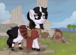 armor black_hair female hair horn melee_weapon outside polearm shield solo spear weapon marsminer hasbro my_little_pony mythology fan_character spartan_(roman) equid equine mammal mythological_creature mythological_equine unicorn 2018 hi_res