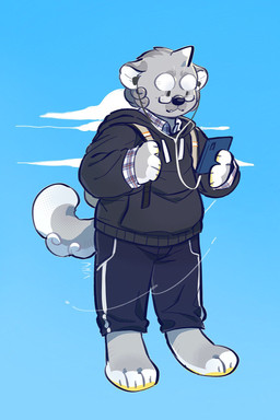 anthro backpack black_bottomwear black_clothing black_hoodie black_nose black_pants black_topwear bottomwear cellphone clothed clothing cloud electronics eyewear front_view fur glasses grey_body grey_ears grey_fur grey_tail head_tuft hoodie looking_at_cellphone looking_at_object looking_at_phone male mouth_closed overweight overweight_anthro overweight_male pants phone simple_background simple_eyes solo standing tail topwear tuft unsigned white_body white_fur white_inner_ear white_tail asnnonaka asian_mythology east_asian_mythology japanese_mythology mythology ryuusei foo_dog komainu mammal yokai 2:3 full-length_portrait hi_res portrait