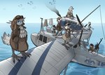 aircraft airplane anthro avian_feet claws feathers fishing_rod grey_body grey_feathers group gun insignia laundry machine_gun male nieuport pilot_goggles pilot_hat ranged_weapon scarf sea seaplane smoke vehicle water weapon roawayart avian digital_media_(artwork) hi_res