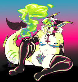 alternate_hairstyle alternative_fashion andromorph anthro armwear bangs beard big_clitoris big_tail blue_eyes blush blush_lines caracal_ears chain chain_collar chain_necklace cigarette clitoral_hood clitoris clitoris_piercing clothing collar cross_(marking) drugs ear_piercing ear_tuft erect_clitoris erection eyebrow_slit eyebrows facial_hair facial_piercing fin fish_tail fur gauged_ear genital_piercing genitals glistening gloves green_body green_fur hair handwear highlights_(coloring) huge_clitoris humanoid_genitalia hyper hyper_clitoris hyper_genitalia industrial_piercing intersex jewelry latex latex_armwear latex_clothing latex_gloves latex_handwear latex_legwear latex_thigh_highs legwear lip_piercing long_hair looking_at_viewer marijuana mastectomy_scar necklace nipple_piercing nipples nose_piercing nose_ring nude overweight piercing pink_eyes presenting presenting_vulva ring_piercing scar scene_(fashion) scene_haircut side_bangs simple_background sketchy smile smiling_at_viewer smoke smoking smoking_cigarette smoking_marijuana snakebite_piercing solo sparklefur sparkles sparkling_body sparkling_fur spread_legs spreading striped_hair stripes tail tail_fin teeth text thigh_highs throbbing throbbing_clitoris toothy_grin tuft tufted_ears vulva conditional_dnp frootbytes caracal caracal_(genus) felid feline fish hybrid mammal marine salmonid_(fish) 2025 artist_name colored dated digital_drawing_(artwork) digital_media_(artwork) signature sketch watermark trans_(lore) trans_man_(lore)