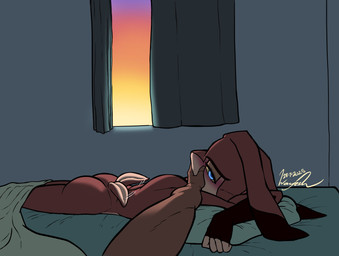 anthro athletic athletic_anthro athletic_male bed bedding bedroom bedroom_eyes blanket blue_eyes blush brown_body brown_fur butt crossed_arms curtains duo fur furniture hand_on_cheek hand_on_face long_ears lying male male_anthro morning morning_after multicolored_body multicolored_fur narrowed_eyes nude_anthro nude_male on_front seductive tail tail_motion tailwag tan_body tan_fur two_tone_body two_tone_fur wayesh azaan_(wayesh) muzakir_(wayesh) hare human lagomorph leporid mammal hi_res signature andromorph_(lore)