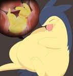 abdominal_bulge ambiguous_gender anthro blue_body bodily_fluids duo eyes_closed feral open_mouth saliva tears tongue tongue_out vore white_body yellow_body parupoke nintendo pokemon generation_1_pokemon generation_2_pokemon pikachu pokemon_(species) typhlosion hi_res