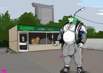 anthro belly belly_peek big_bulge bodily_fluids body_hair bottomwear bulge chain_necklace chest_hair cigarette cigarette_box clothing detailed_bulge ear_piercing ear_ring facial_hair footwear genital_fluids happy_trail holding_cigarette holding_object huge_bulge jacket jewelry looking_at_viewer male musclegut muscular muscular_male navel_outline necklace outside pants pecs piercing poland precum precum_through_clothing ring_piercing shoes smile solo sweatpants topwear wet wet_clothing aviesergal sergal hi_res