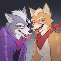after_kiss anthro bedroom_eyes blush bodily_fluids brown_body brown_fur duo eye_patch eyewear fangs fur green_eyes grey_background grey_body grey_fur kerchief looking_at_viewer male male/male narrowed_eyes red_eyes saliva saliva_string seductive simple_background sloppy_kiss snout teeth tongue tongue_out twstacker nintendo star_fox fox_mccloud wolf_o'donnell canid canine canis fox mammal wolf 1:1 hi_res shaded signature