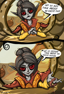 black_hair clothed clothed_female clothing collar dialogue dress elf_costume female grey_body hair leash magic_user red_eyes solo text vickiara bethesda_game_studios microsoft morrowind the_elder_scrolls telvanni dunmer elf human mammal absurd_res comic english_text hi_res meme