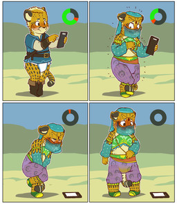 anthro blush bodily_fluids cellphone clothed clothing crossdressing diaper electronics feet fur genital_fluids gerudo_outfit looking_at_viewer male omorashi open_mouth phone sheikah_slate solo spots standing tablet_computer tongue urine wet wet_clothing wetting yellow_body yellow_eyes yellow_fur young young_anthro astolpho breath_of_the_wild nintendo the_legend_of_zelda spottykitten cheetah felid feline mammal digital_media_(artwork) hi_res