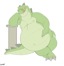 3_toes anthro arm_support belly big_belly claws feet finger_claws gesture green_body green_scales green_tail grey_claws hand_gesture huge_belly leaning_on_elbow licking licking_lips male navel nipples nude pointing pointing_at_belly scales solo tail teeth toe_claws toes tongue tongue_out canson alligator alligatorid crocodilian reptile scalie absurd_res hi_res