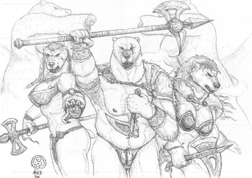 5_fingers anthro axe barbarian bottomwear breasts bulge butt clothed clothed_anthro clothed_female clothed_male clothing female fingers fur group hair humanoid_hands loincloth male nipples sculpture skimpy statue trio brazato bear mammal polar_bear ursine hi_res monochrome