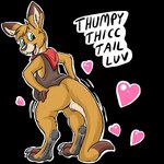 1:1 alpha_channel anthro bottomless buckteeth butt clothed clothing digital_media_(artwork) dipstick_ears dipstick_tail flinters flinters_(character) hand_on_hip heart_symbol kangaroo looking_at_viewer looking_back looking_back_at_viewer macropod male mammal markings marsupial multicolored_ears rear_view scarf smile solo tail tail_markings teeth text thick_tail topwear vest