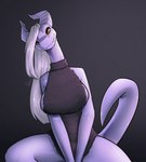 anthro bare_shoulders big_breasts black_background bottomless breasts clothed clothing female glistening glistening_body hair head_tilt horn looking_at_viewer non-mammal_breasts side_boob silver_skin simple_background sitting smile solo sweater sweater_only tail topwear topwear_only virgin_killer_sweater white_hair yellow_eyes feretta meme_clothing mythology mis'alia draako dragon mythological_creature mythological_scalie scalie digital_media_(artwork) hi_res meme shaded