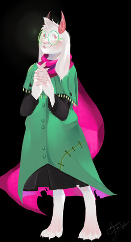 2_horns anthro barefoot black_background claws clothed clothed_anthro clothing digitigrade eyewear fangs feet fully_clothed fully_clothed_anthro glasses green_clothing green_eyewear green_glasses horn male paws pink_eyes pink_scarf scarf simple_background solo teeth bambi3lue deltarune undertale_(series) ralsei bovid caprine goat mammal 2026 absurd_res full-length_portrait hi_res portrait signature