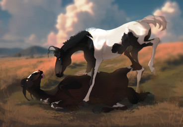 ambiguous_gender black_body black_fur black_mane brown_body brown_fur cloud cloudy_sky day duo eye_contact feral fur hooves looking_at_another lying mane on_side outside sky tail white_body white_fur white_tail kysokofwater equid equine horse mammal 2024 colored digital_drawing_(artwork) digital_media_(artwork) hi_res shaded